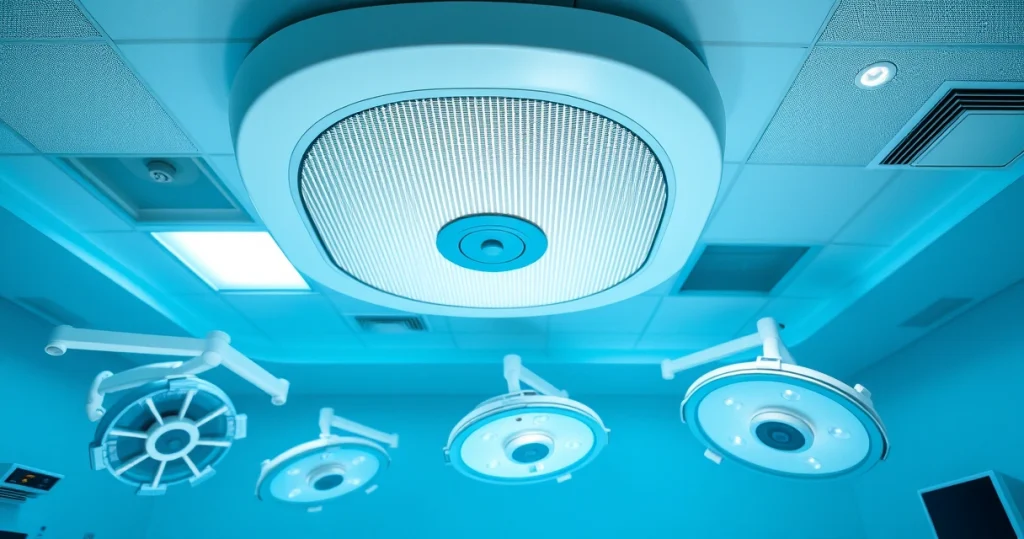 O Sucesso de uma Cirurgia de Coluna Começa no Ar: Especialistas em Ar Condicionado Hospitalar difusor de fluxo laminar no teto de sala cirúrgica hospitalar